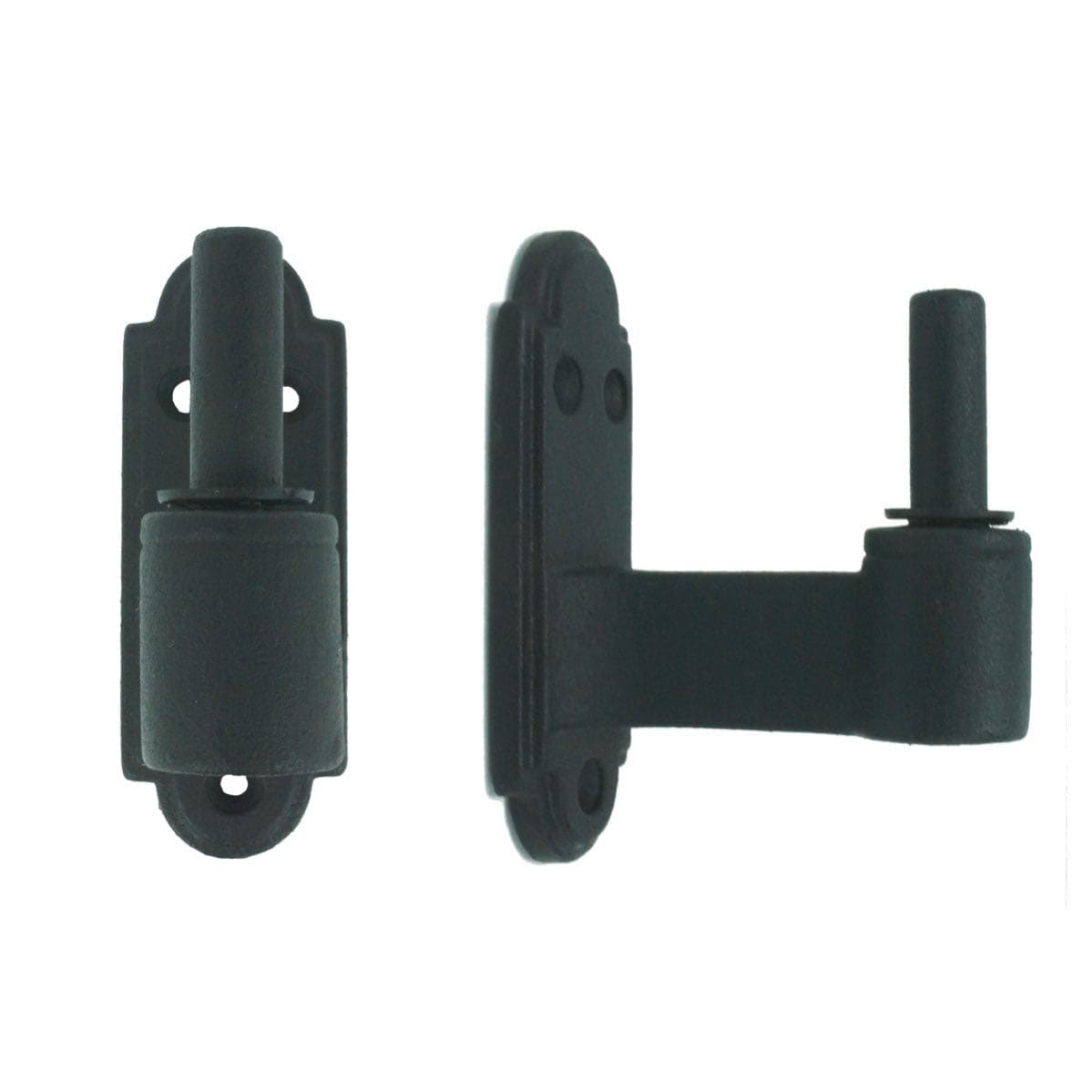 Black cast iron New York shutter hinge pintle with multiple offsets, featuring a durable powder coat finish, sold individually.
