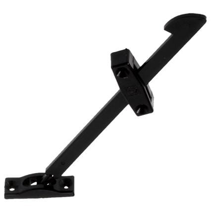 Non-corrosive drop flap stay in high gloss black finish, ideal for supporting lids and flaps, sold individually.