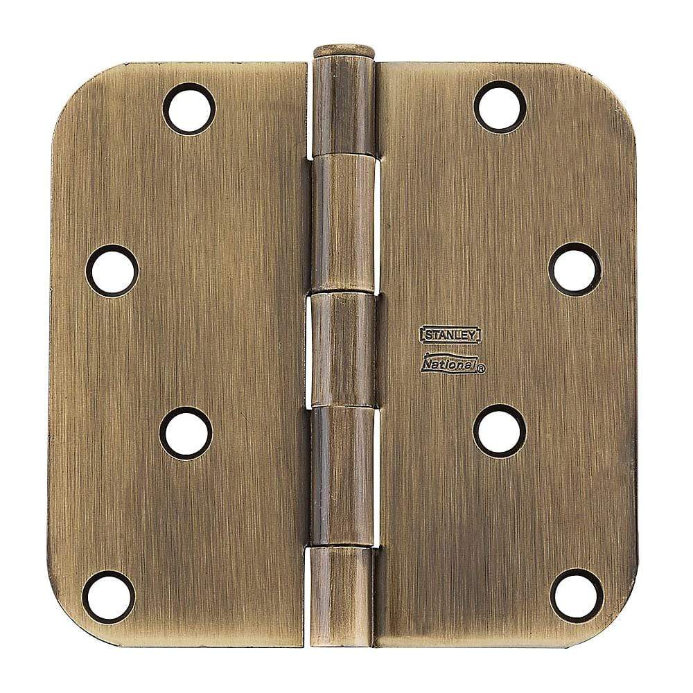 4-inch residential exterior door hinge with a 5/8-inch radius and opposite zig zag hole pattern, available in multiple finishes.