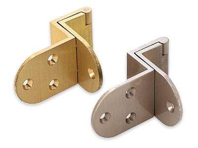 Overlay door angle hinge for cabinets in brass construction, available in multiple finishes, sold individually.