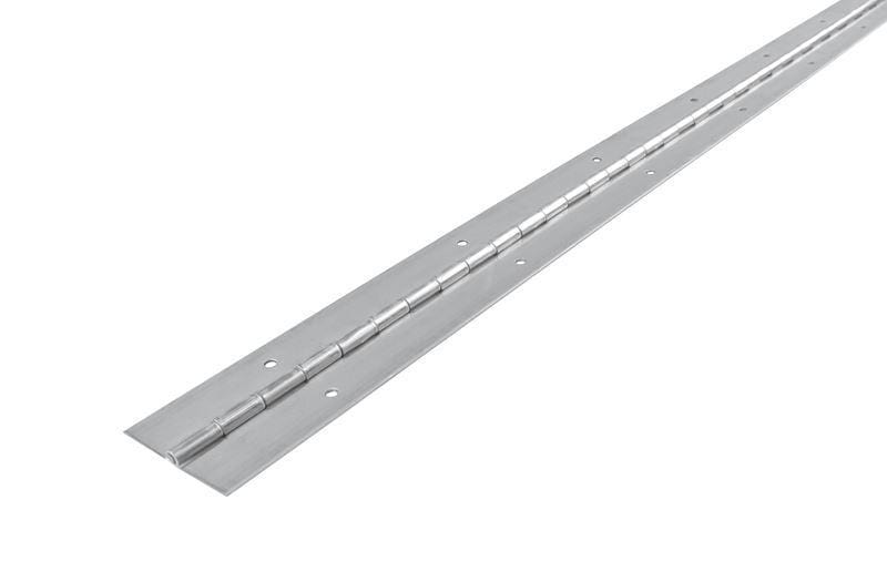 Stainless steel continuous piano hinge, 1-1/2 inches wide and 36 inches long, ideal for durable applications.