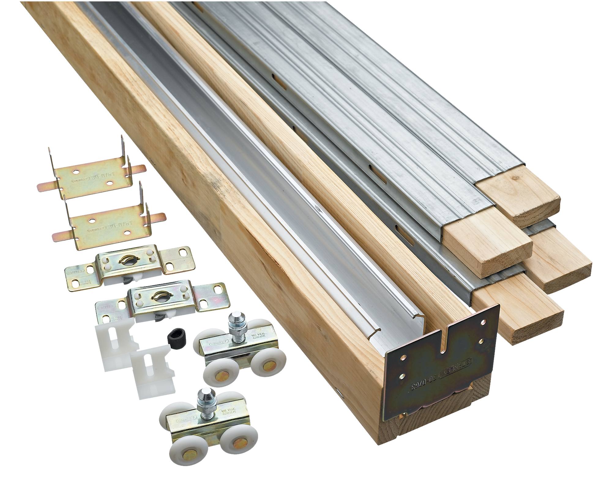 Pocket door hardware installation kit for 80-inch high, 1-3/4-inch wide doors, supports up to 150 lbs, includes all components.