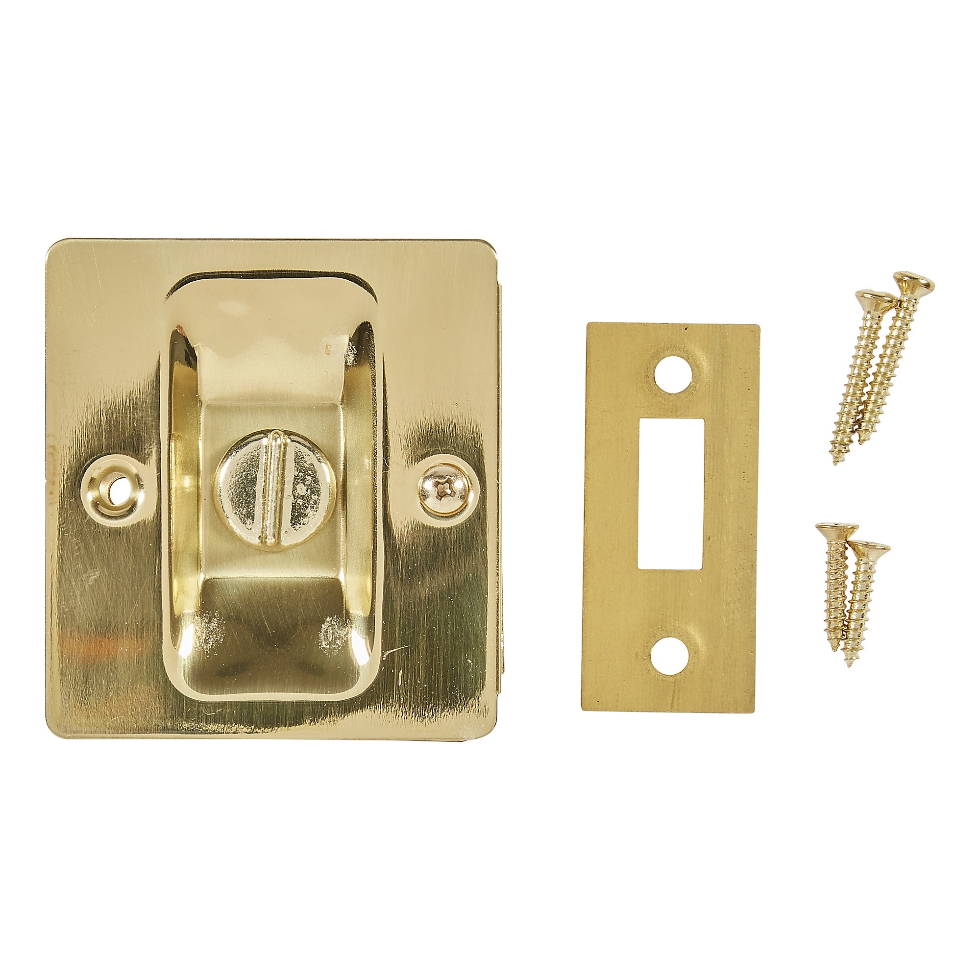 Solid brass pocket door latch set for 1-3/8 inch thick doors, available in multiple finishes, includes screws.
