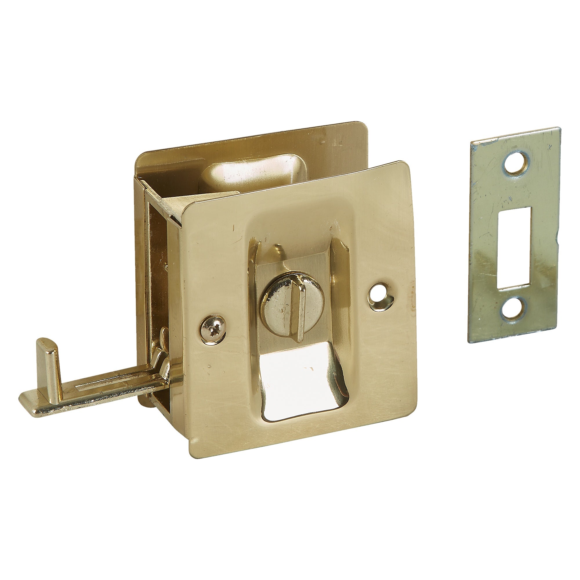 Solid brass pocket door latch for 1-3/8 inch thick doors, available in multiple finishes, sold as a set.