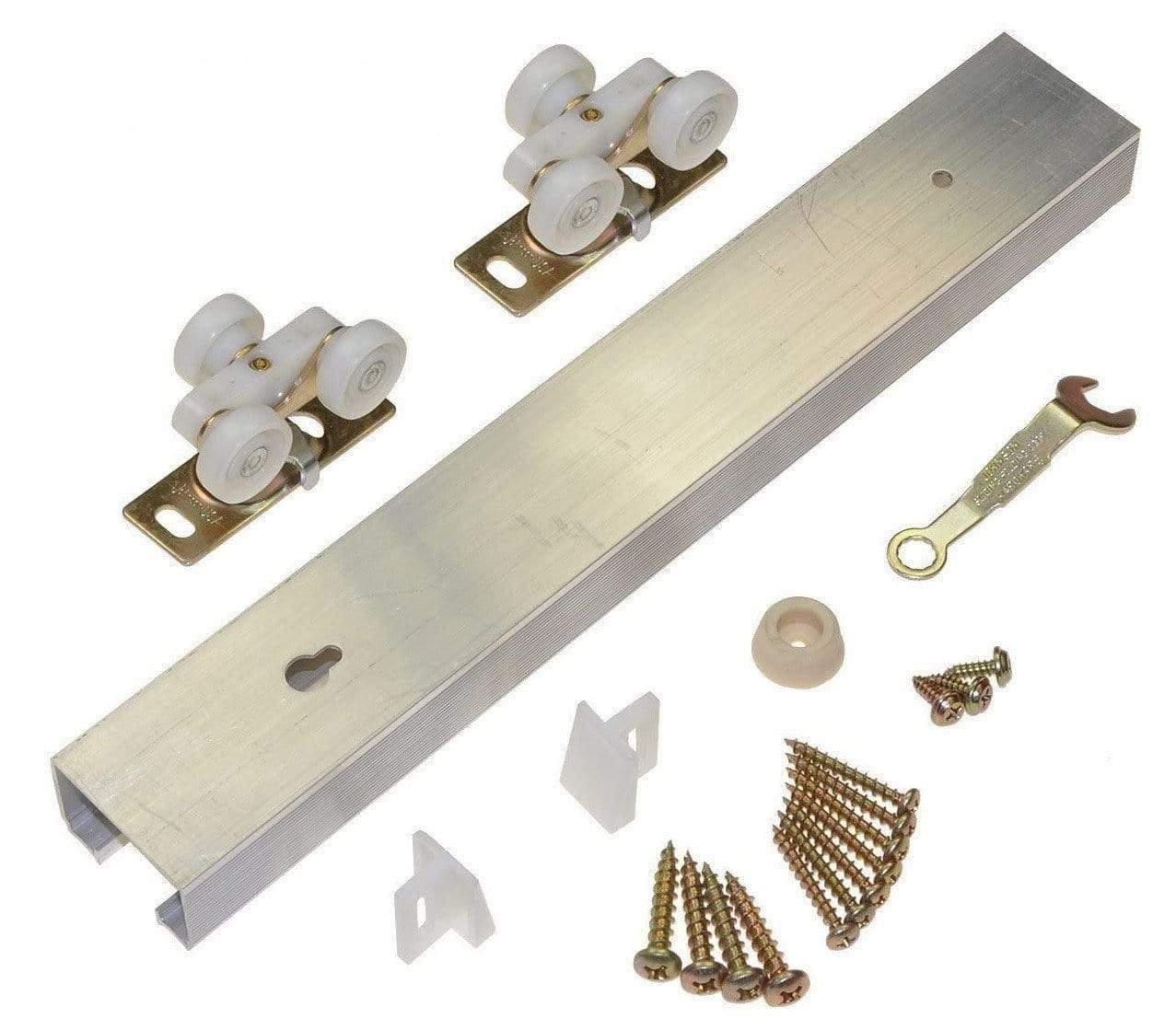 Pocket door hardware set with 72-inch track, rollers, screws, and installation tools for 36-inch doors.