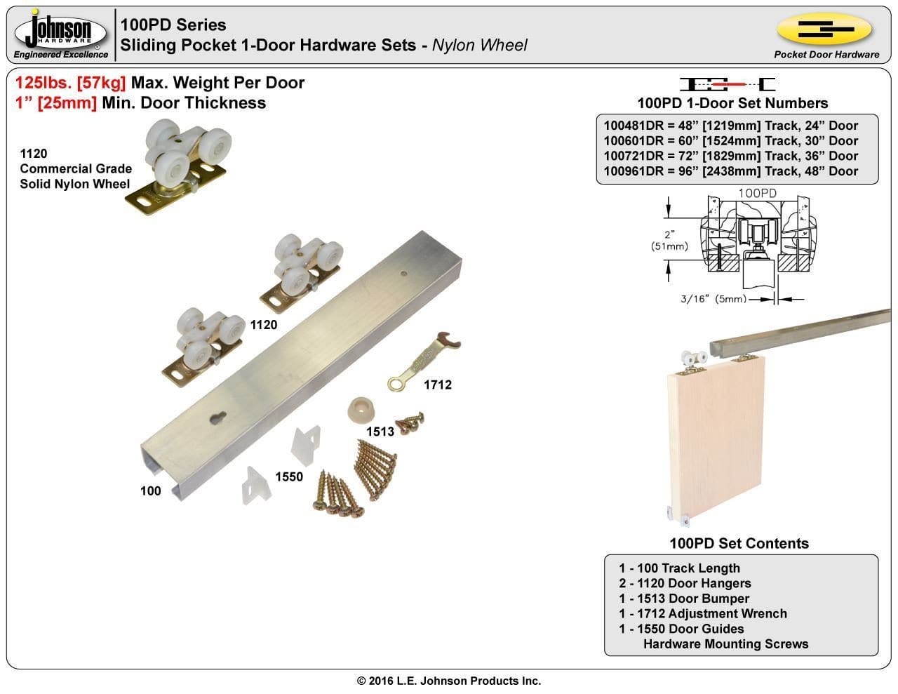 Pocket door hardware set with 60-inch track for 30-inch doors, includes wheels, brackets, and installation hardware.