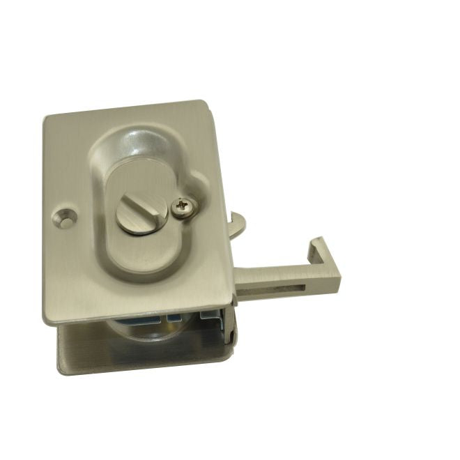 Pocket door lock designed for doors 1-3/8 to 1-3/4 inches thick, available in multiple finishes, sold as a set.