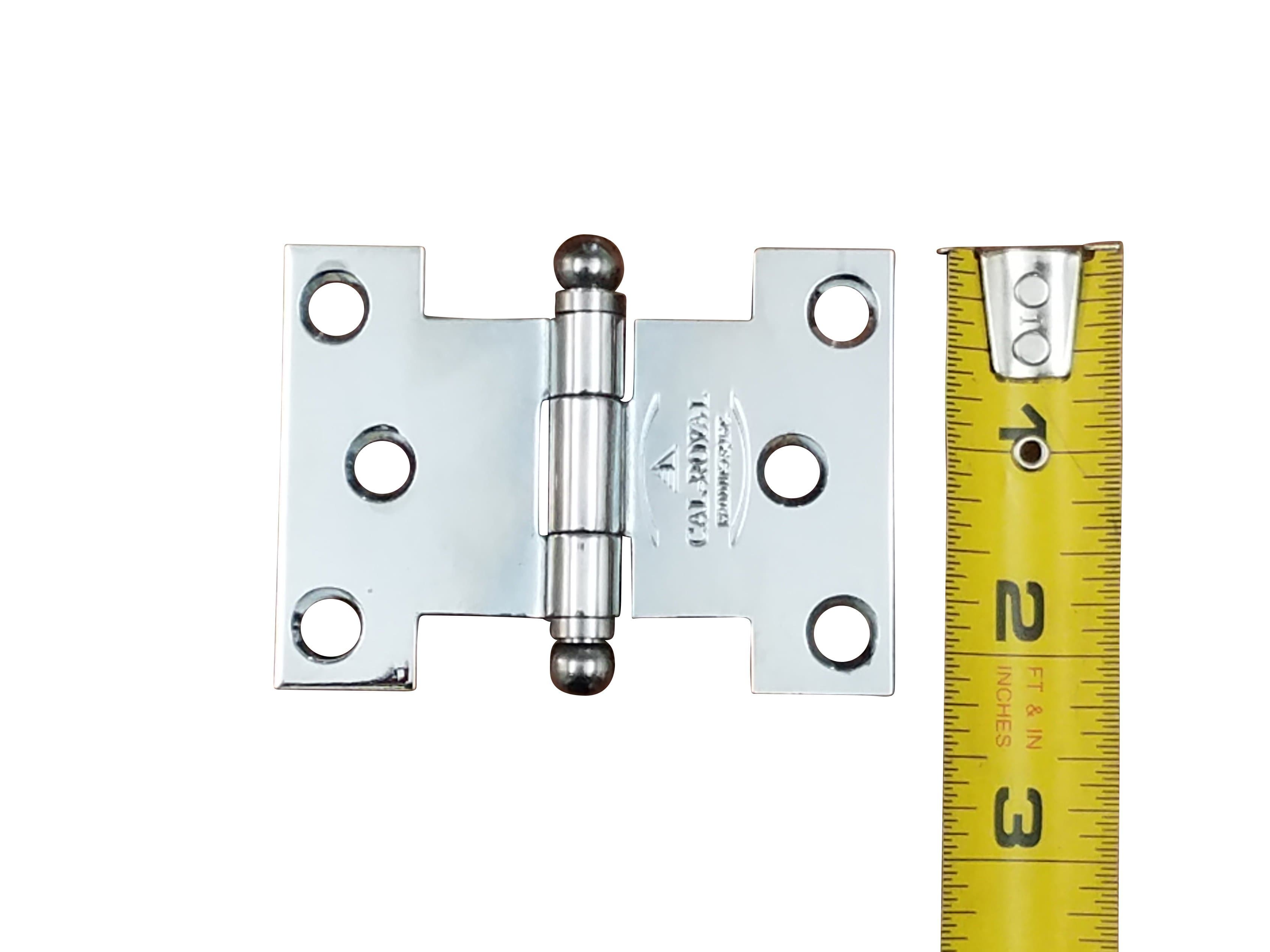 Polished chrome wide throw parliament hinge displayed with a measuring tape for size reference, available in multiple sizes.