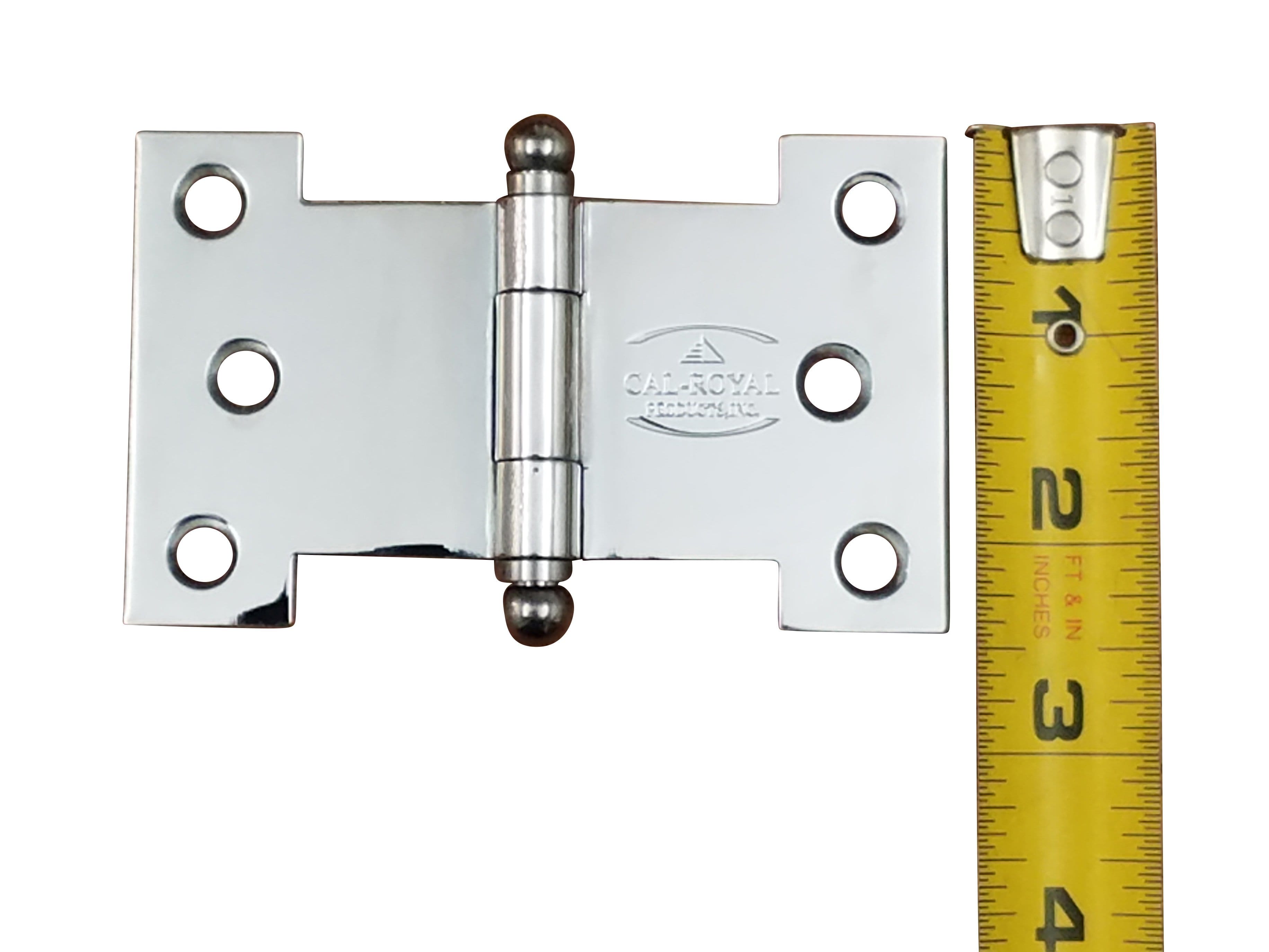 Polished chrome wide throw parliament hinge with multiple sizes available, shown next to a measuring tape for scale.