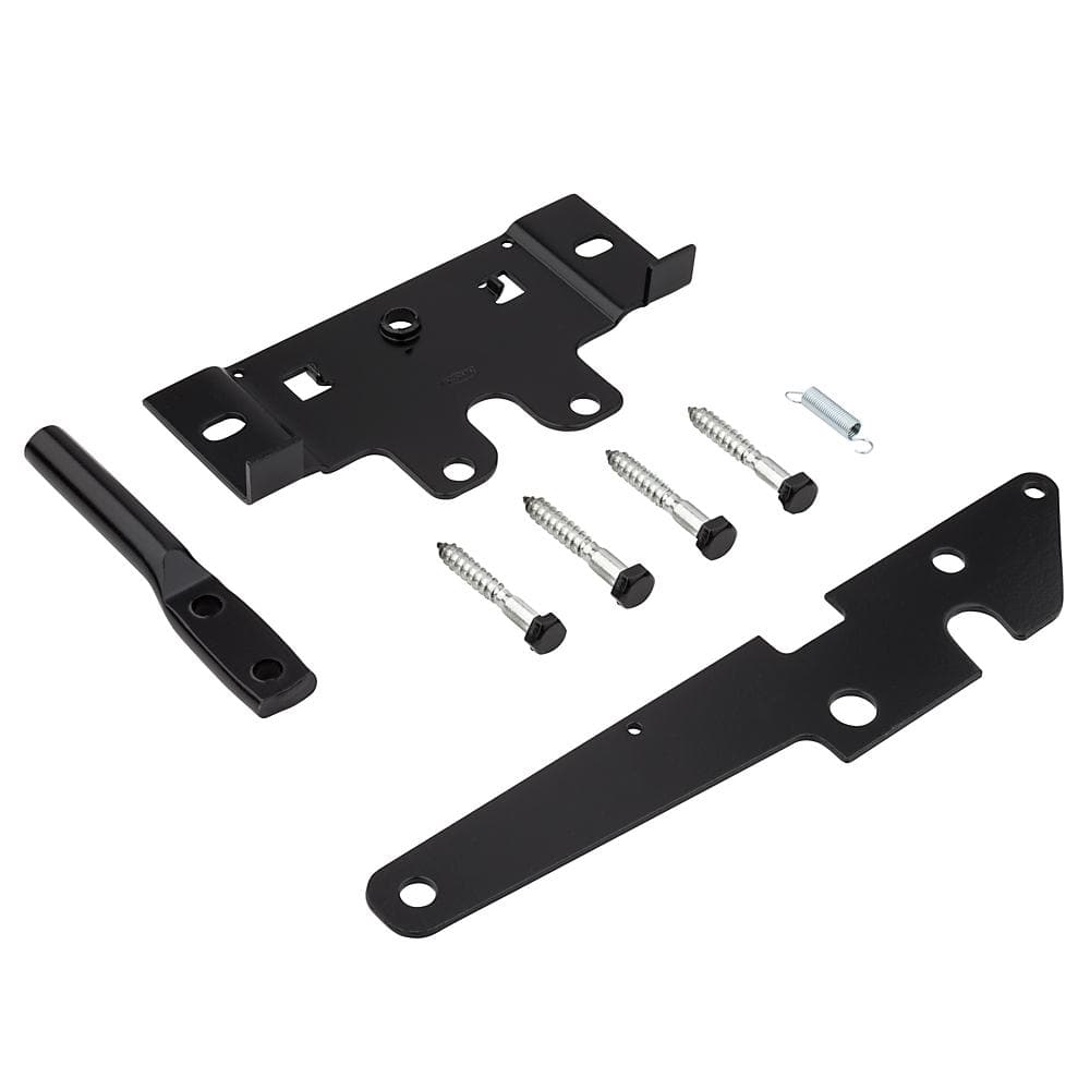 Post mount gate latch set in black finish, includes latch, strike plate, and screws for secure gate installation.