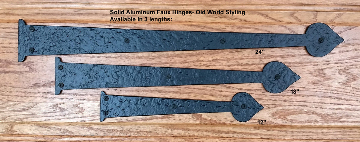 Premium spade decorative strap hinges in black powder coat finish, available in 12, 18, and 24-inch sizes.