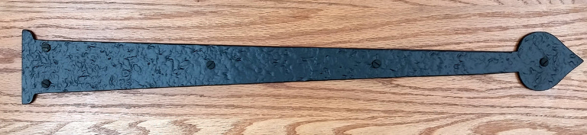 Premium spade decorative strap hinge in black powder coat finish, available in multiple sizes, sold individually.