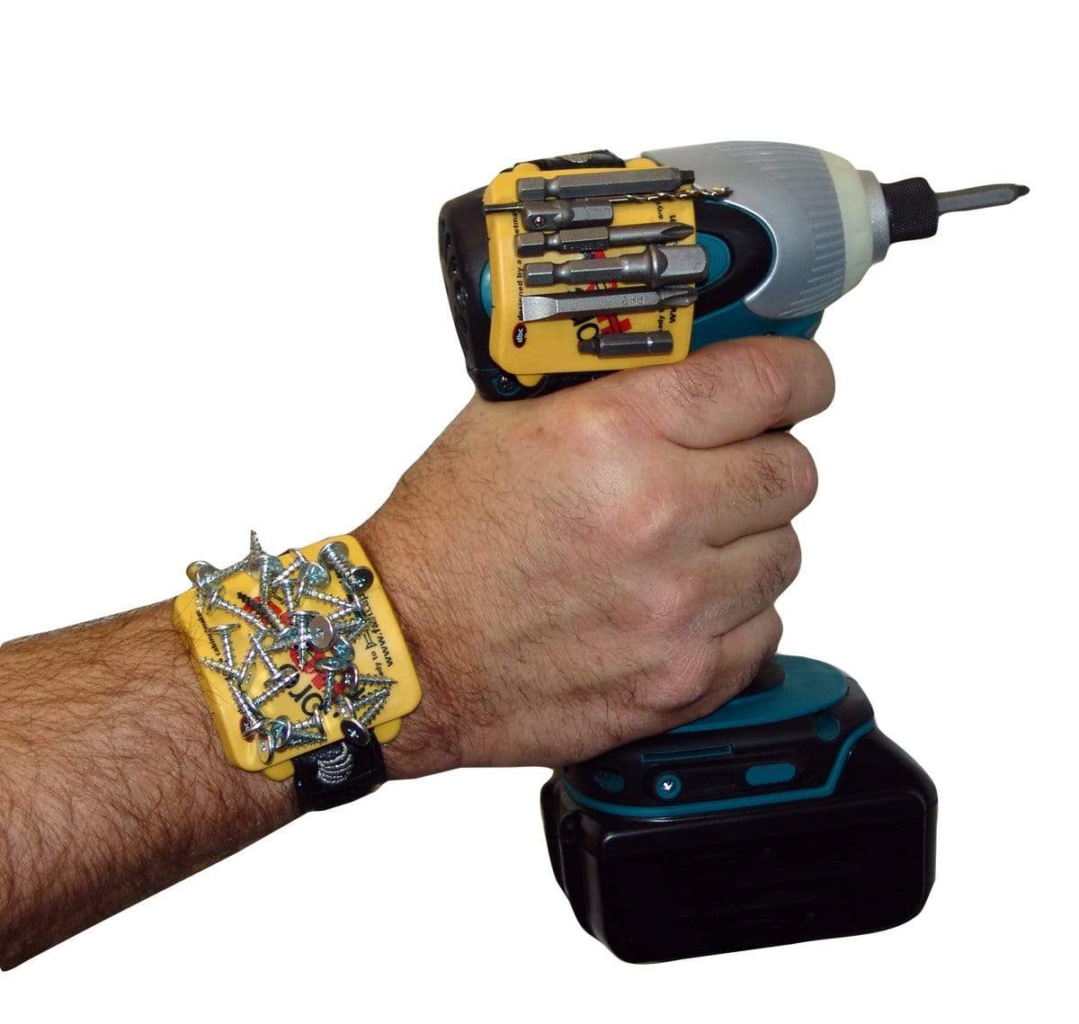 Adjustable magnetic wrist strap organizer holding screws, worn while using a power drill for hands-free convenience.