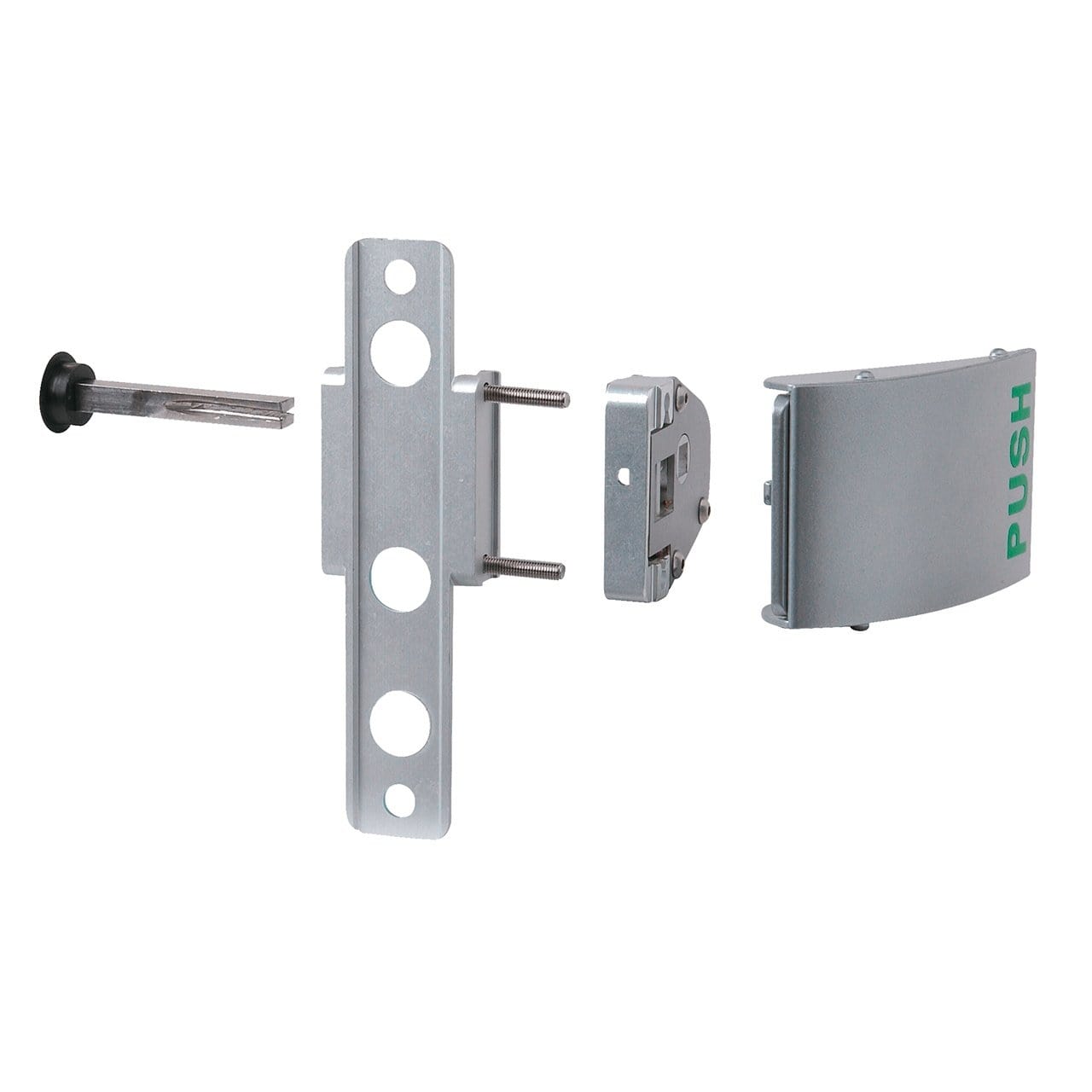Aluminum push handle set in silver finish, includes components for easy installation, sold individually.