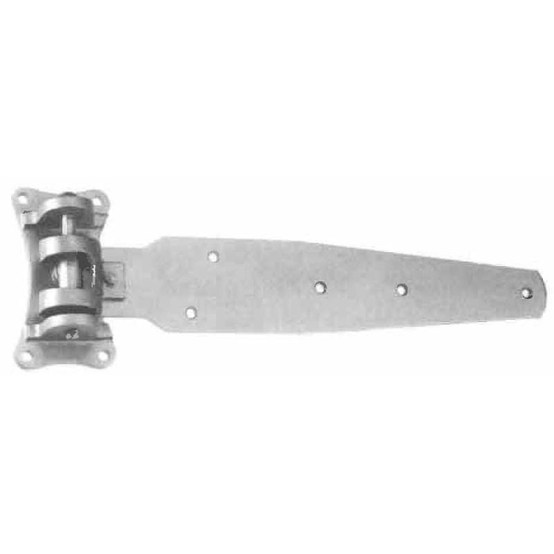 Large cam lift hinge made of 1/4" steel, 21-5/8" long, zinc plated, with multiple offsets, sold individually.