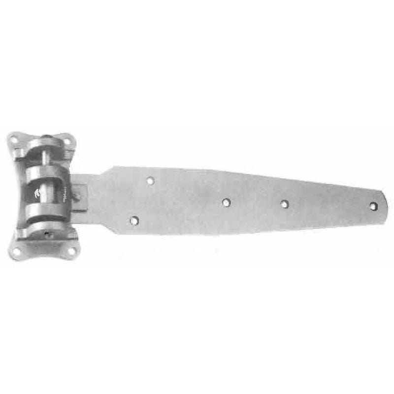 Large cam lift refrigeration hinge made of 1/4" steel, 28" long, zinc plated, with multiple offsets, sold individually.