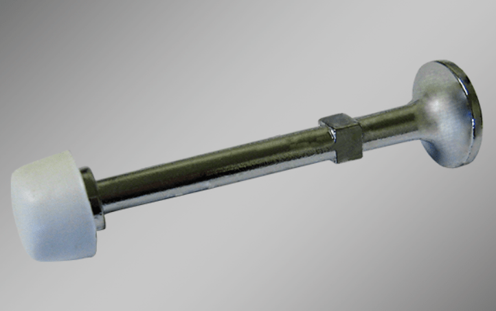 Rigid door stopper with molded screw, 3 inches long, available in multiple finishes, sold individually.