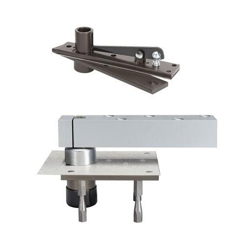 Rixson center hung pivot door hinge set for 2-inch thick doors, supports up to 1,000 lbs, satin chrome finish.