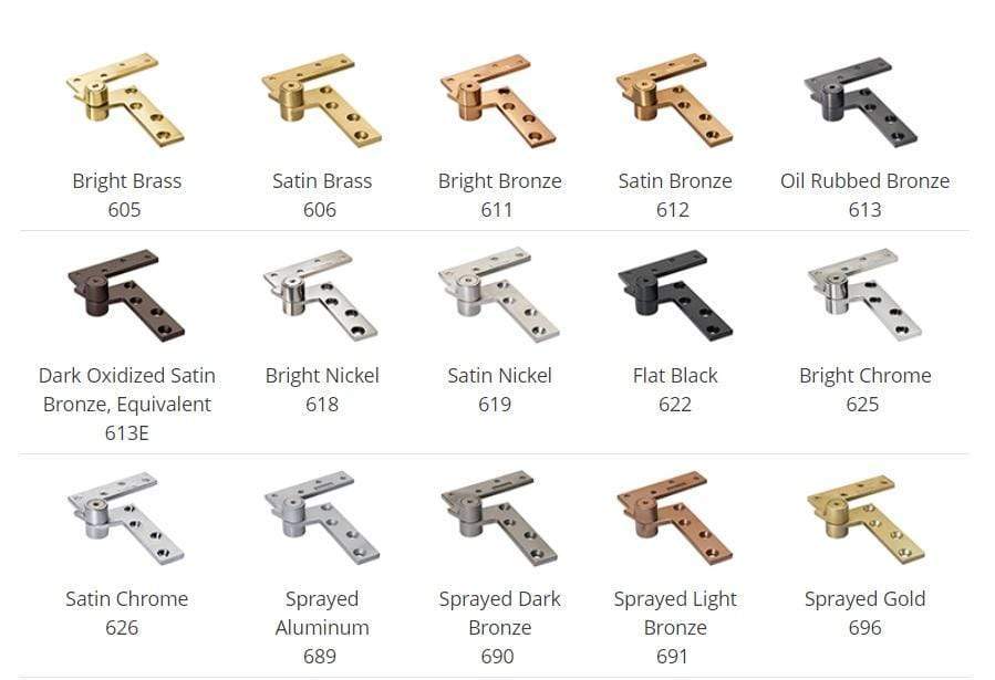 Rixson floor mount center hung pivot door hinge set with various finishes, supports doors up to 250 lbs.