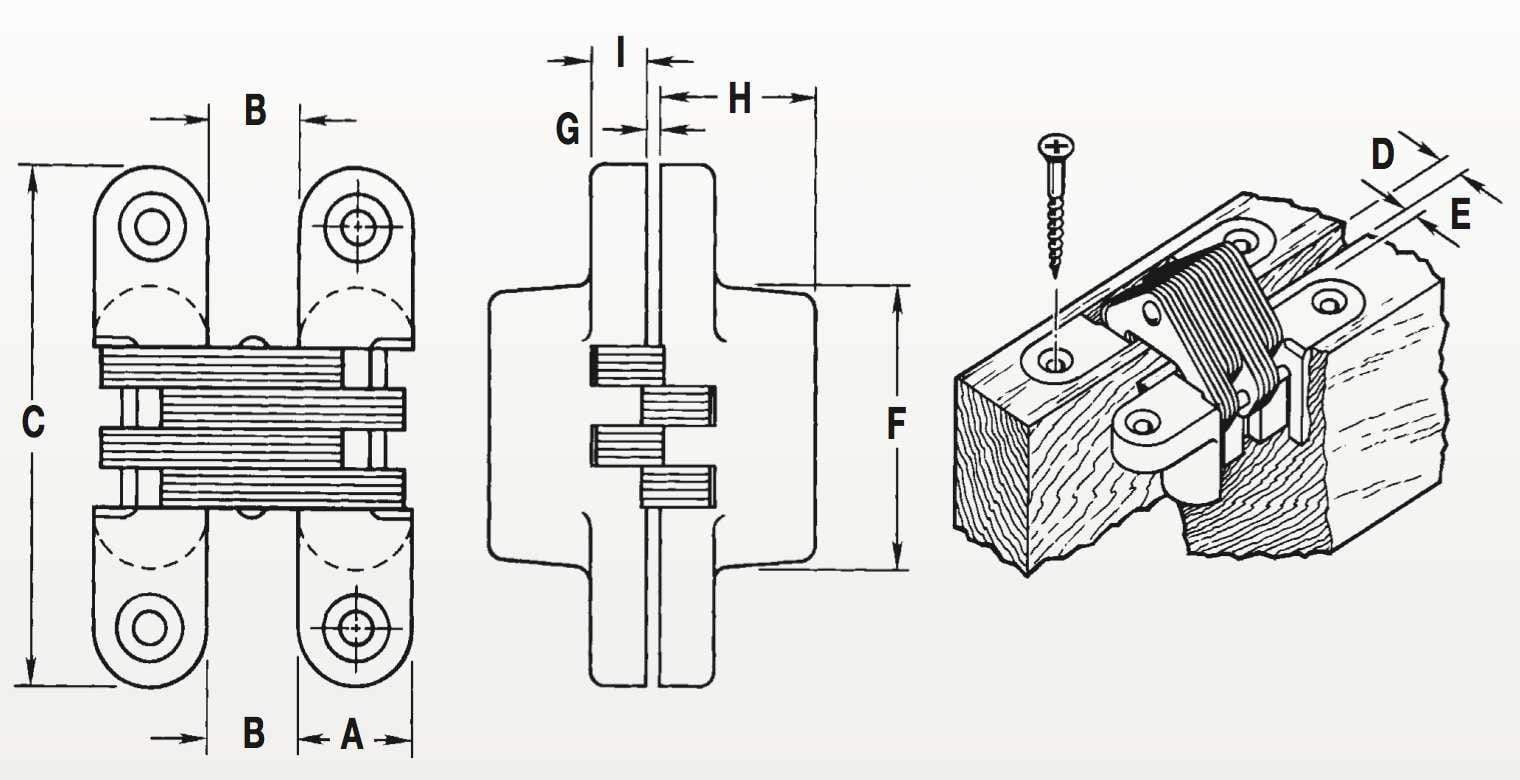 Concealed hinges for doors, 1/2 inch x 1-33/64 inch, suitable for 11/16 inch thick doors, available in various finishes.
