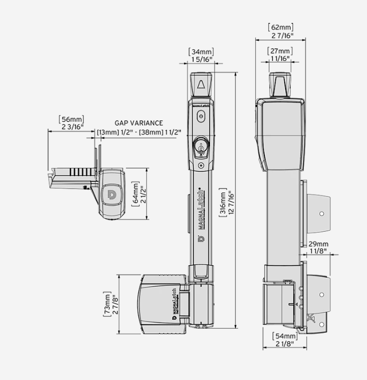 Vertical pull safety gate latch in white, designed for secure closure with adjustable gap variance for easy installation.