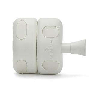 White safety gate latch designed for 3/8" gate gaps, featuring a side pull mechanism for secure closure.