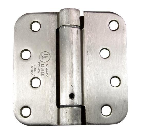 4x4 inch satin nickel spring hinges with 5/8 inch radius corners, sold in pairs for doors and gates.