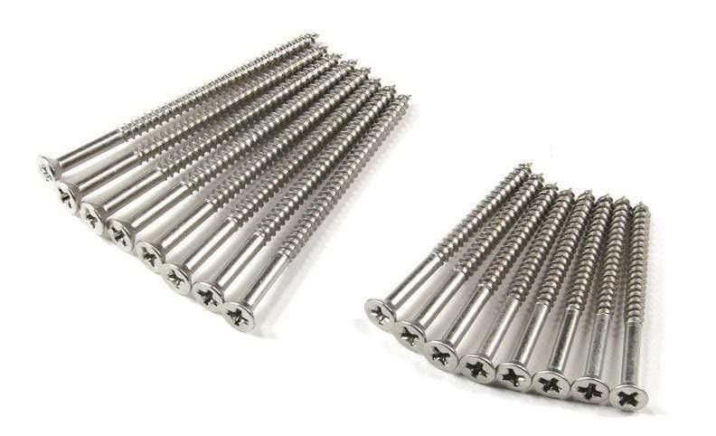 Stainless steel door hinge wood screws available in #9 x 2.25'' and #9 x 3'' sizes for durable fastening.