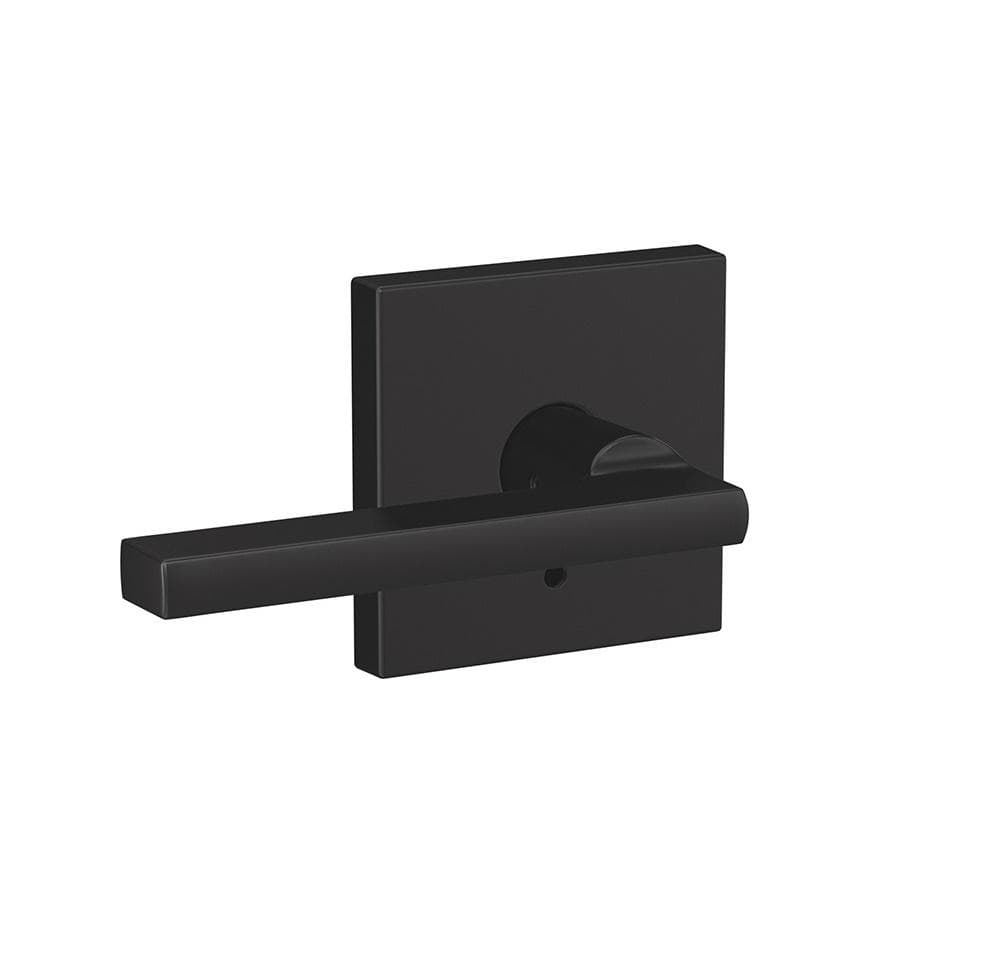 Matte black Schlage custom residential door lever with combined passage and privacy lock, featuring Latitude style and Collins rose trim.