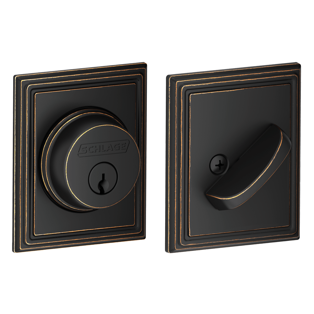 Schlage single cylinder deadbolt with Addison trim in aged bronze finish, designed for residential use.