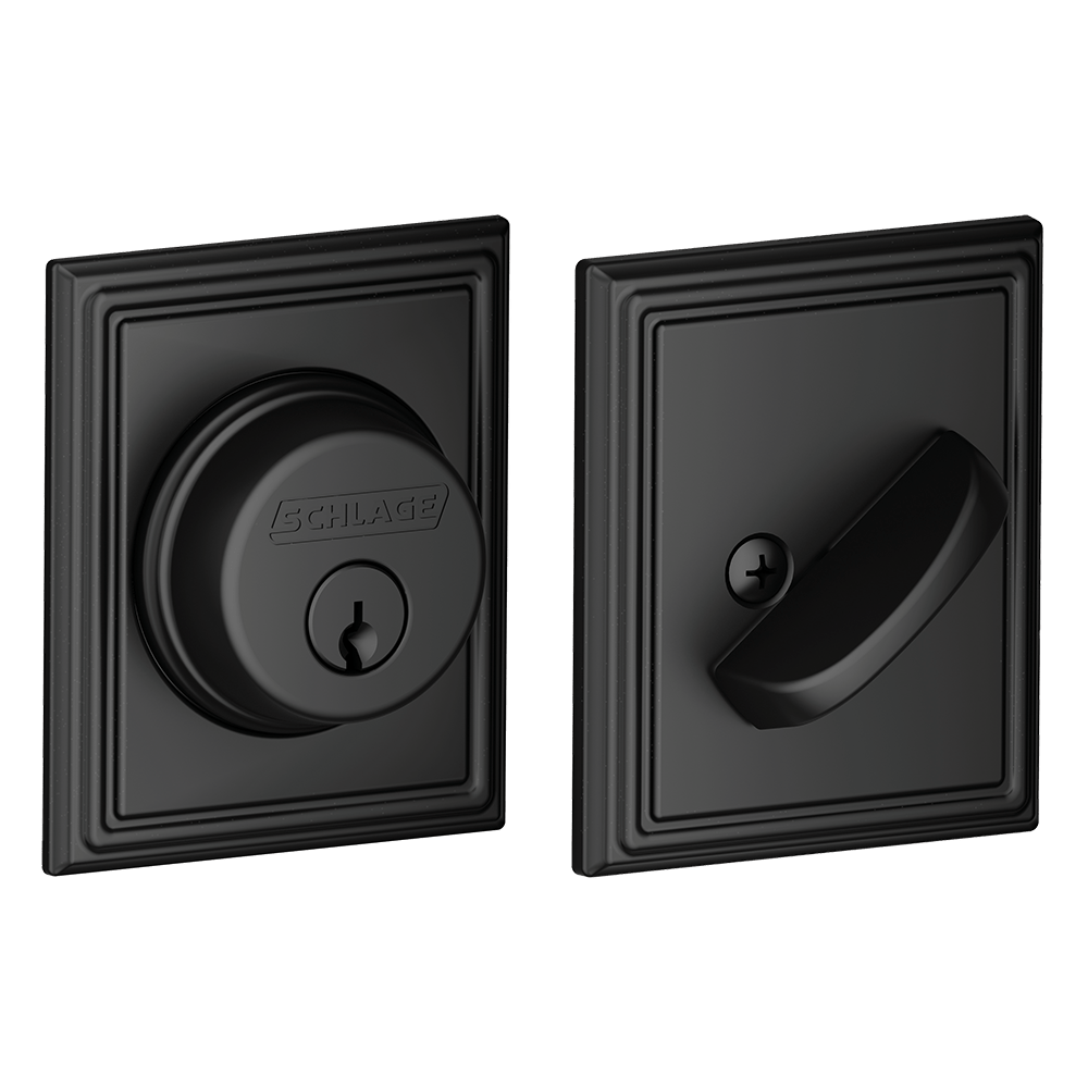 Schlage residential deadbolt with single cylinder and Addison trim in matte black finish, sold individually.