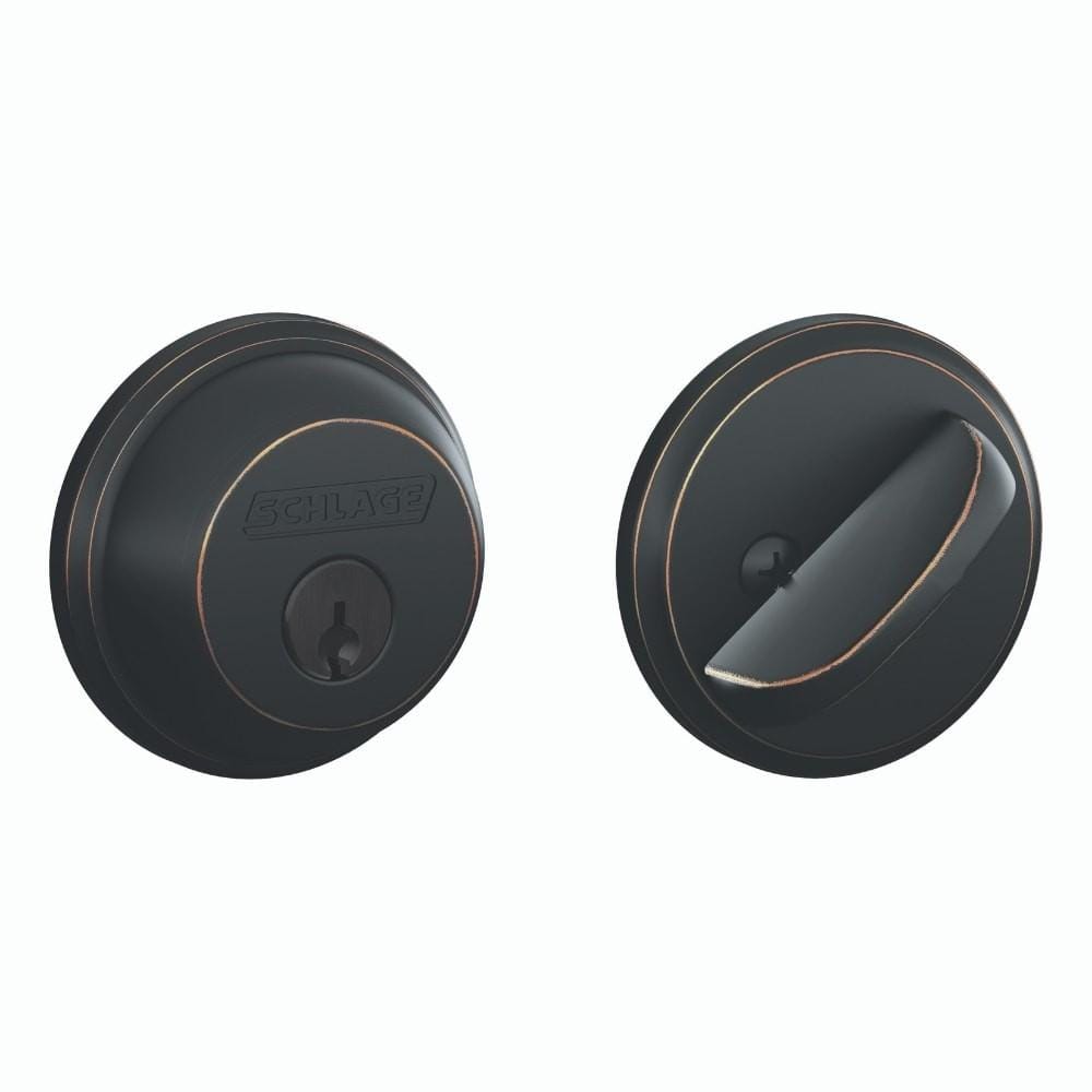Schlage single cylinder residential deadbolt in aged bronze finish, designed for security and style, sold individually.