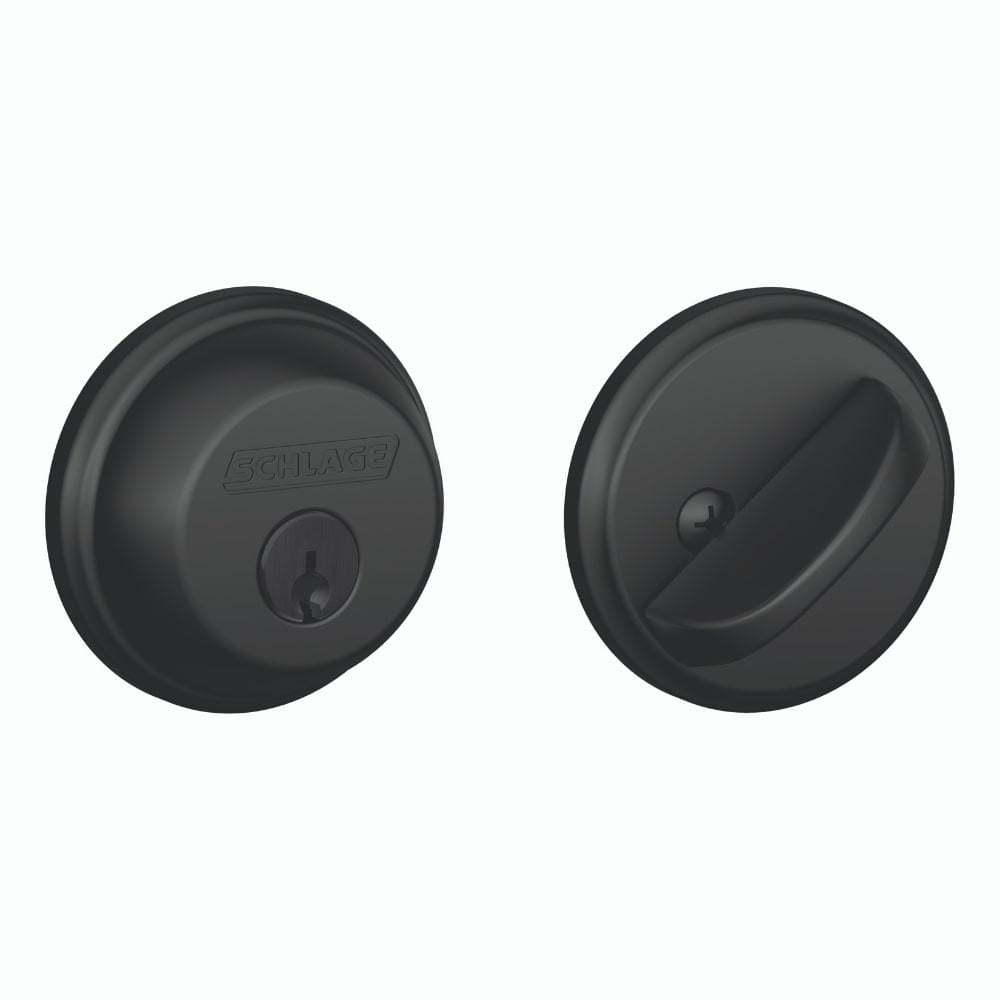 Matte black Schlage single cylinder residential deadbolt with keyhole and thumb turn for secure door locking.