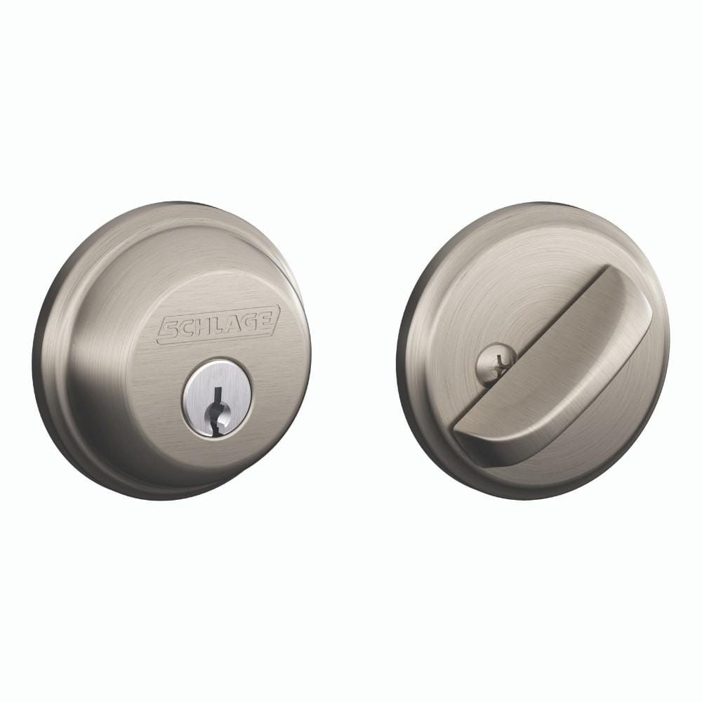 Satin nickel single cylinder deadbolt by Schlage, designed for residential security, sold individually.