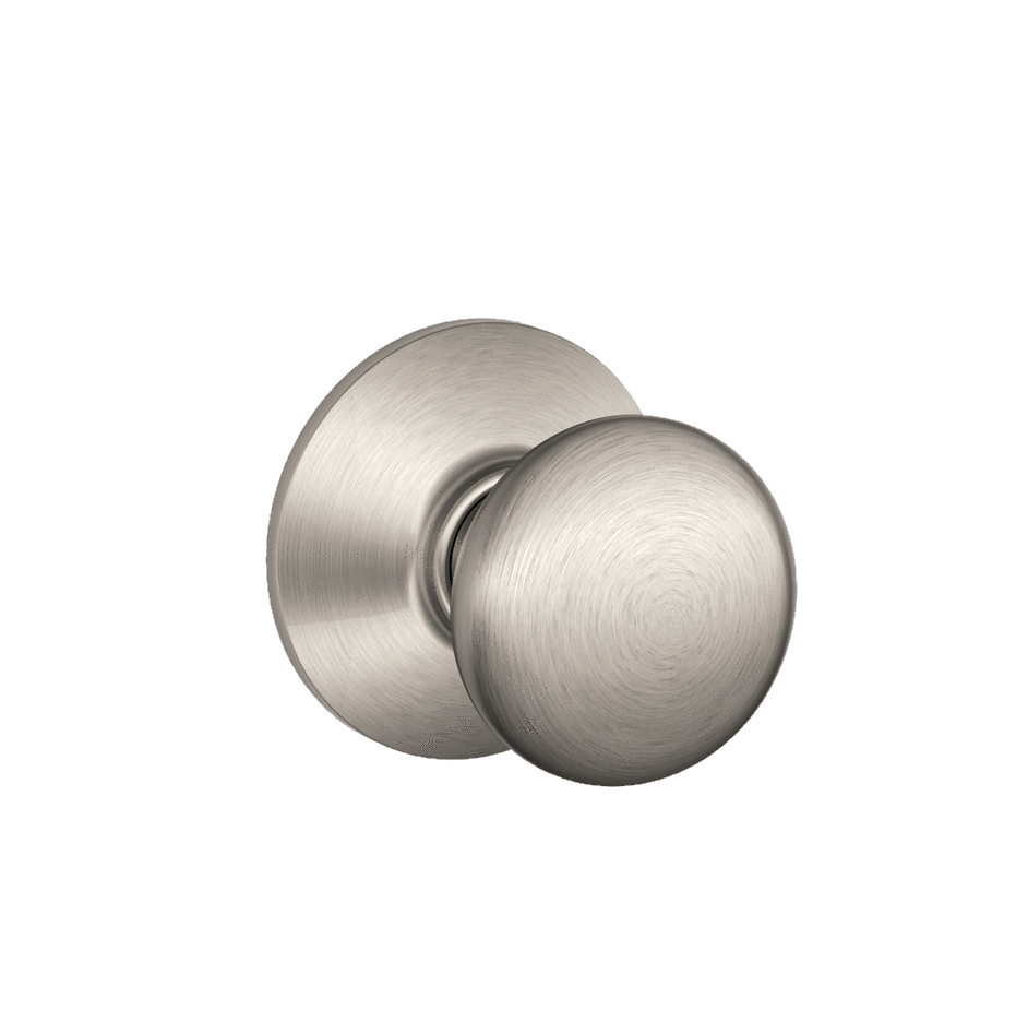 Satin nickel non-locking passage door knob in Plymouth style, ideal for residential use, sold individually.
