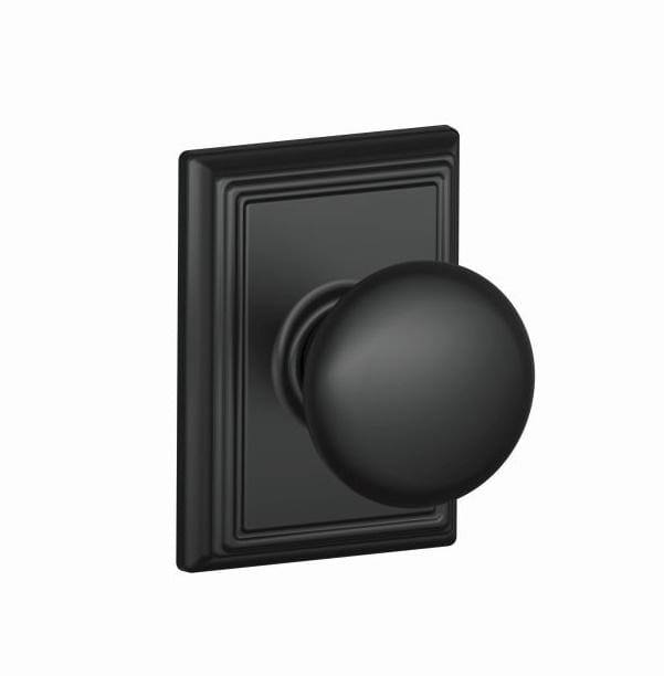 Matte black Schlage non-locking passage door knob in Plymouth style with Addison rose trim, sold individually.