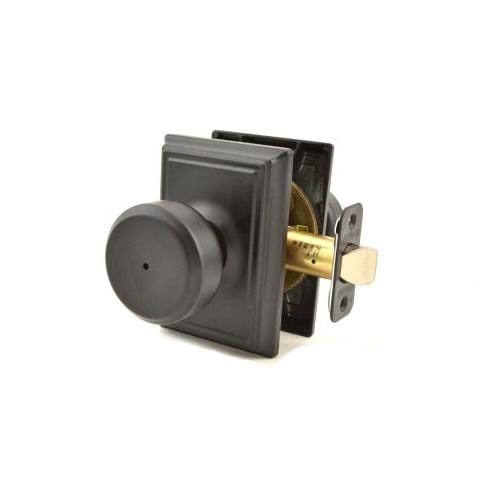 Matte black Schlage privacy door knob in Bowery style with Addison rose trim, sold individually for residential use.