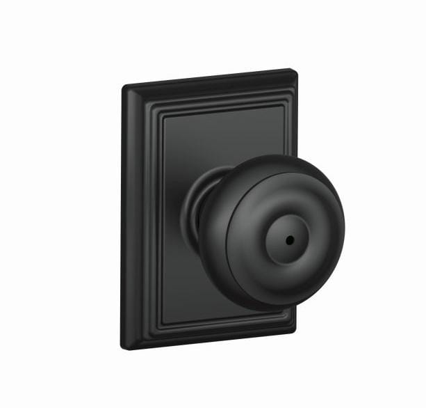 Georgian style privacy door knob with Addison rose trim in matte black finish, sold individually for residential use.