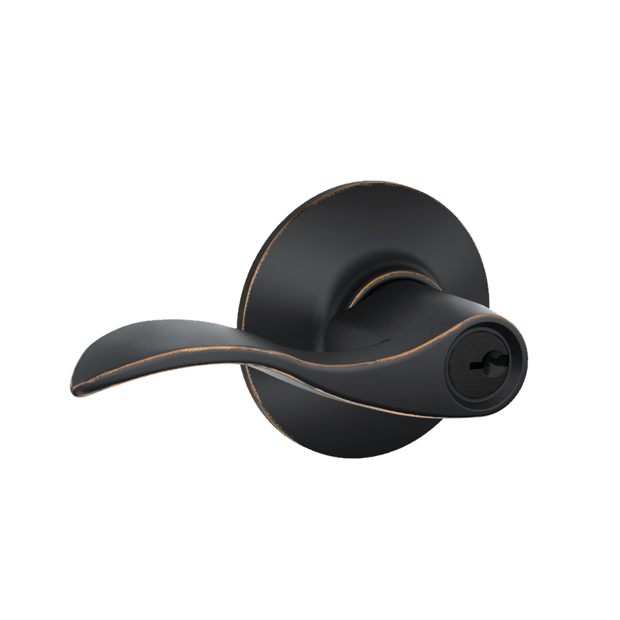 Schlage residential door lever with keyed entry lock in accent style and aged bronze finish, sold individually.