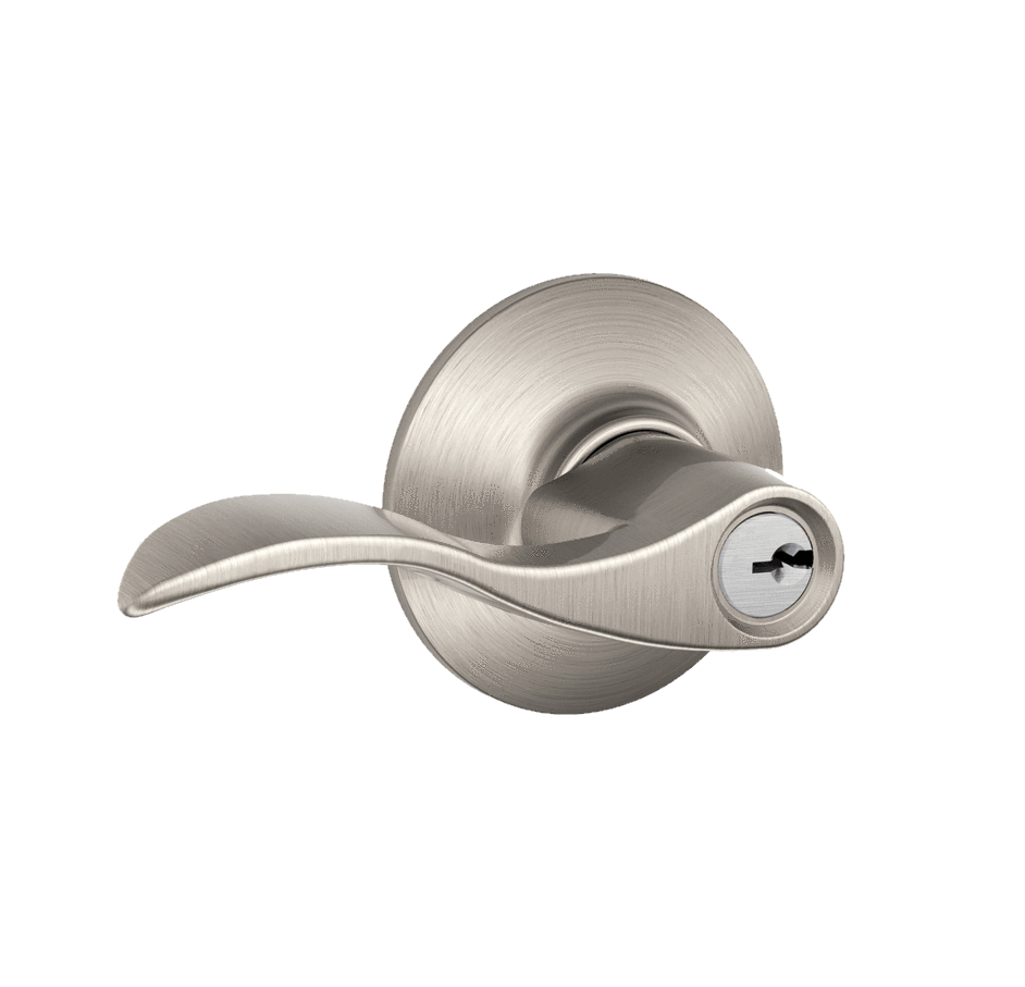 Satin nickel residential door lever with keyed entry lock in accent style, sold individually for secure access.