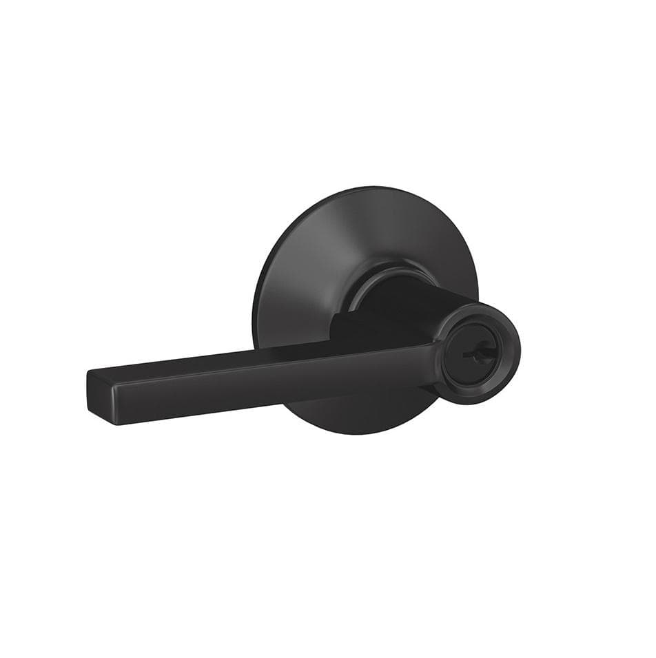 Matte black Schlage residential door lever with keyed entry lock in Latitude style, sold individually for secure access.