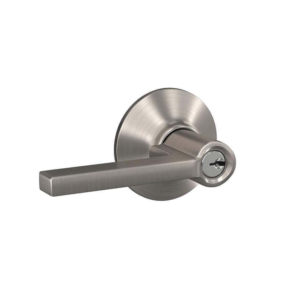 Satin nickel residential door lever with keyed entry lock in Latitude style, sold individually for secure access.