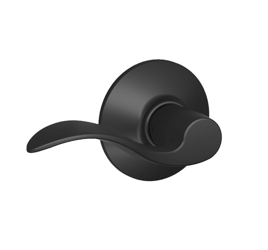 Matte black Schlage residential door lever in accent style, non-locking passage design, sold individually for easy installation.