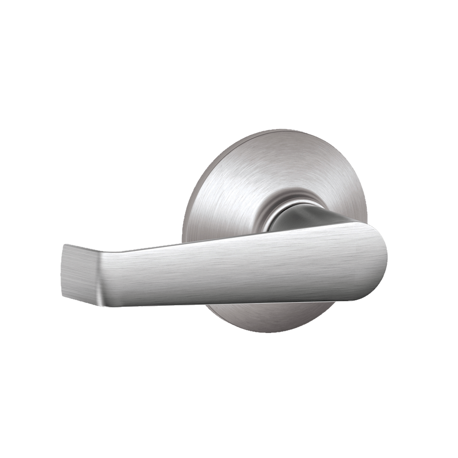 Satin chrome non-locking passage door lever in Elan style, ideal for residential use, sold individually.