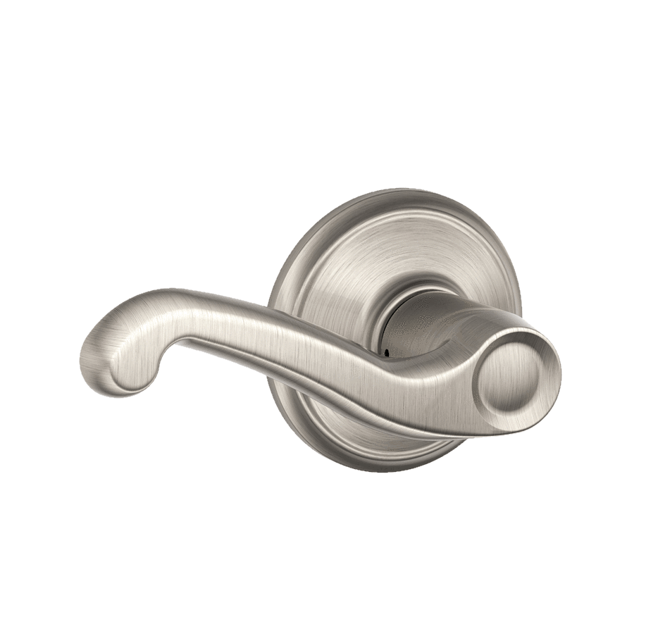 Satin nickel non-locking passage door lever in Flair style, ideal for residential use, sold individually.