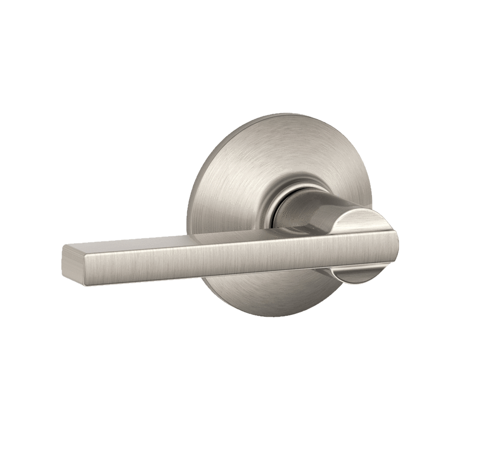 Satin nickel non-locking passage door lever in Latitude style, ideal for residential use, sold individually.