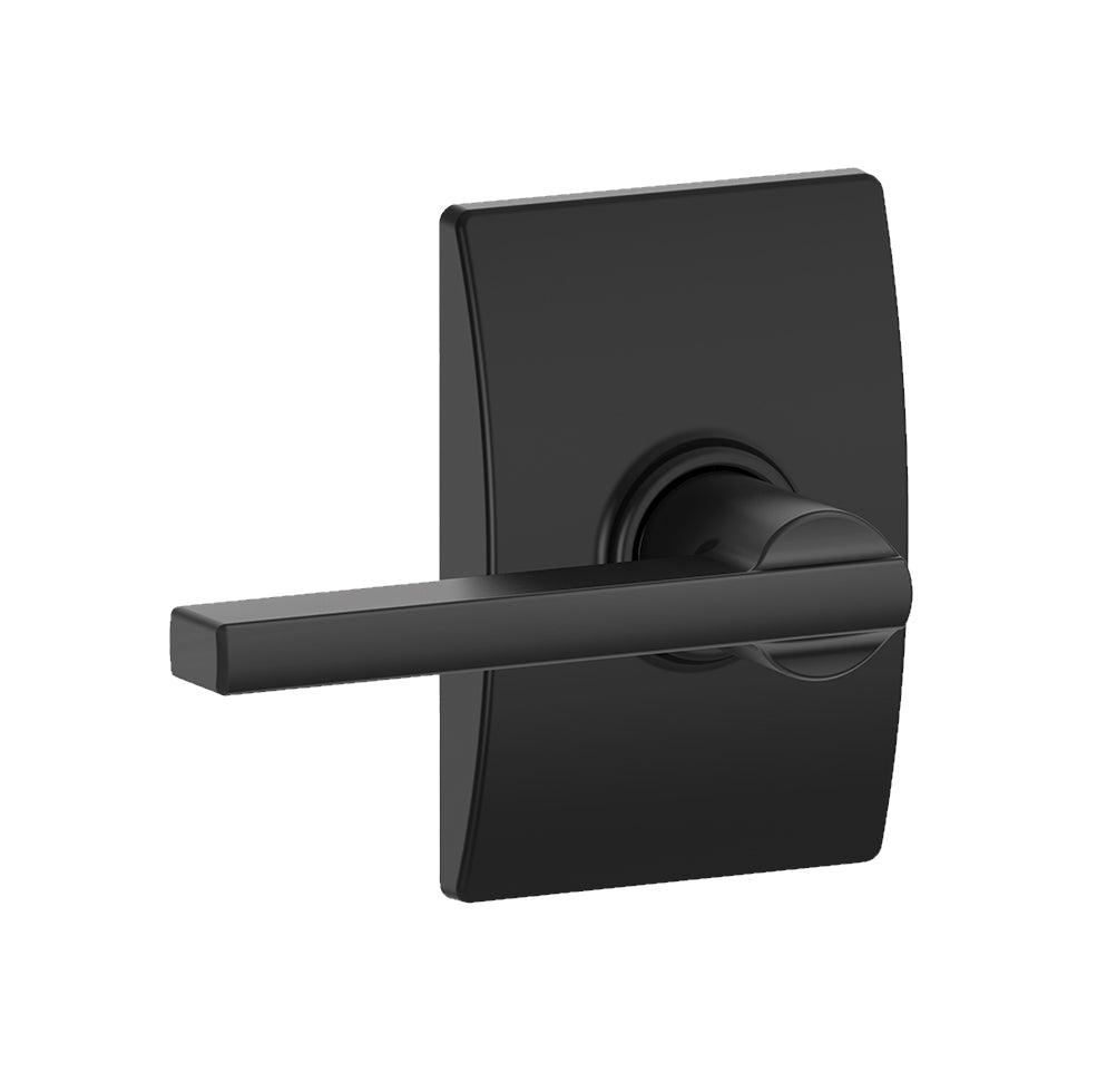 Matte black non-locking passage door lever in Latitude style with Century rose trim, sold individually for residential use.