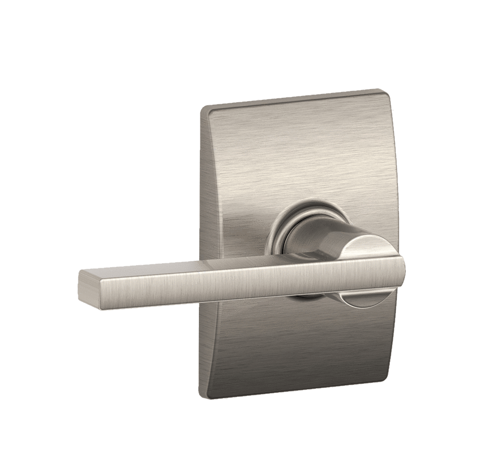Satin nickel non-locking passage door lever in Latitude style with Century rose trim, sold individually for residential use.