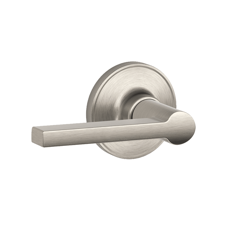 Satin nickel non-locking passage lever in Solstice style for residential doors, sold individually.