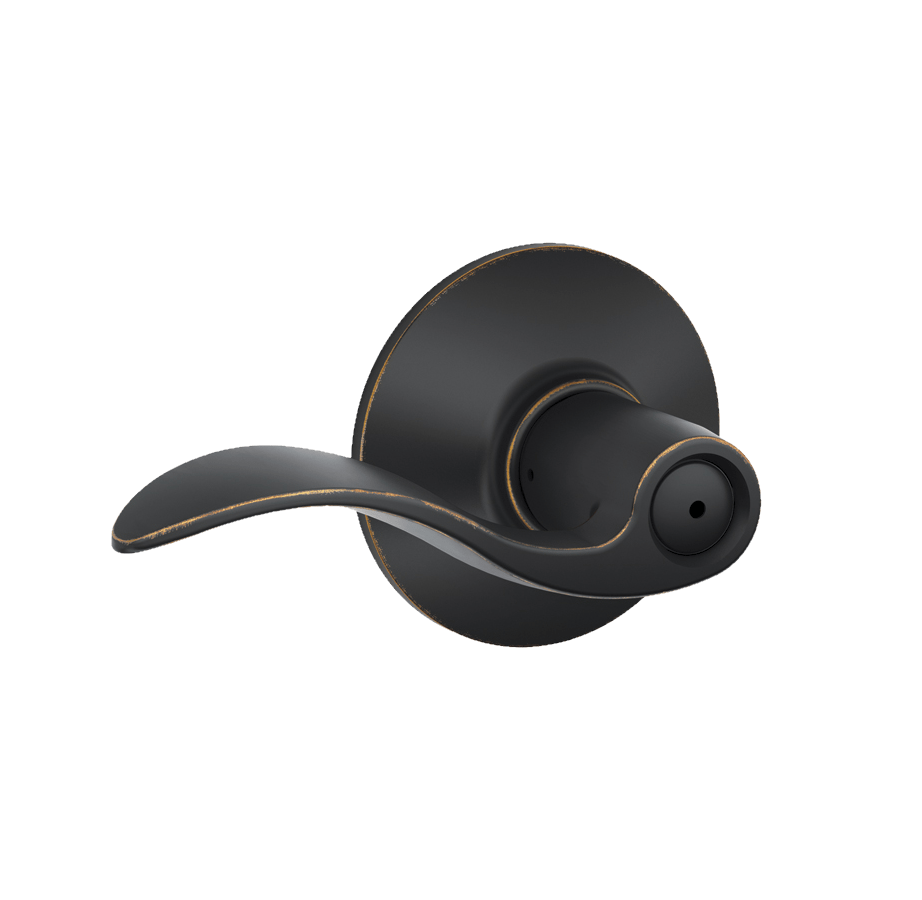 Schlage privacy door lever in aged bronze finish with accent style, ideal for residential use, sold individually.